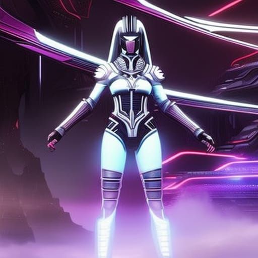 Cyberpunk Warrior in Space Armor on Alien World