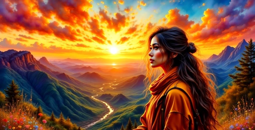 Sunset Scene in Antique Watercolor Style