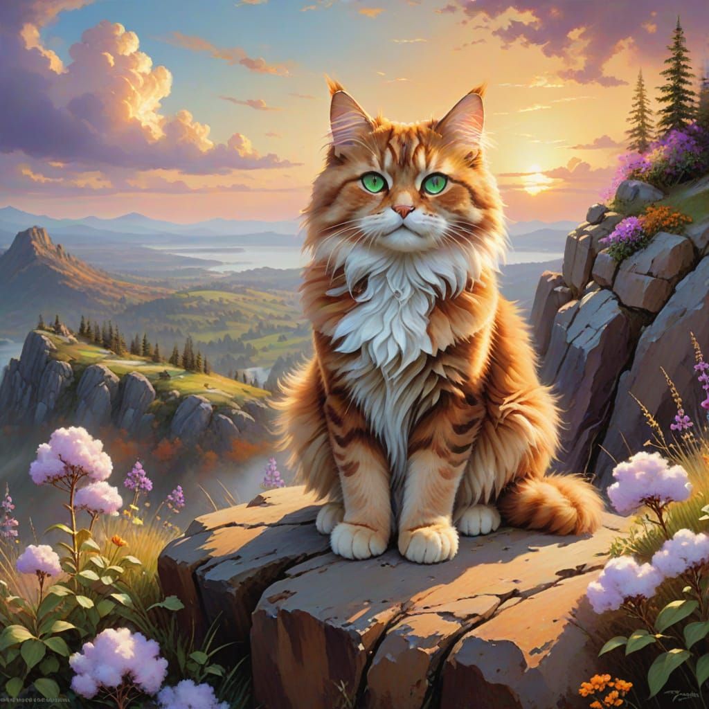 Golden Sunset Serenity with Fluffy Feline