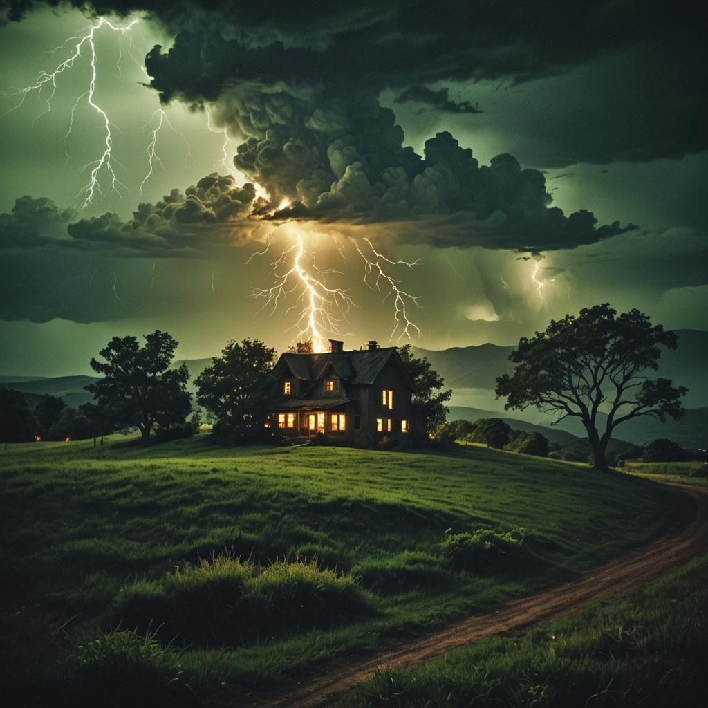 Stormy Night: House on a Hill in Cinematic Style