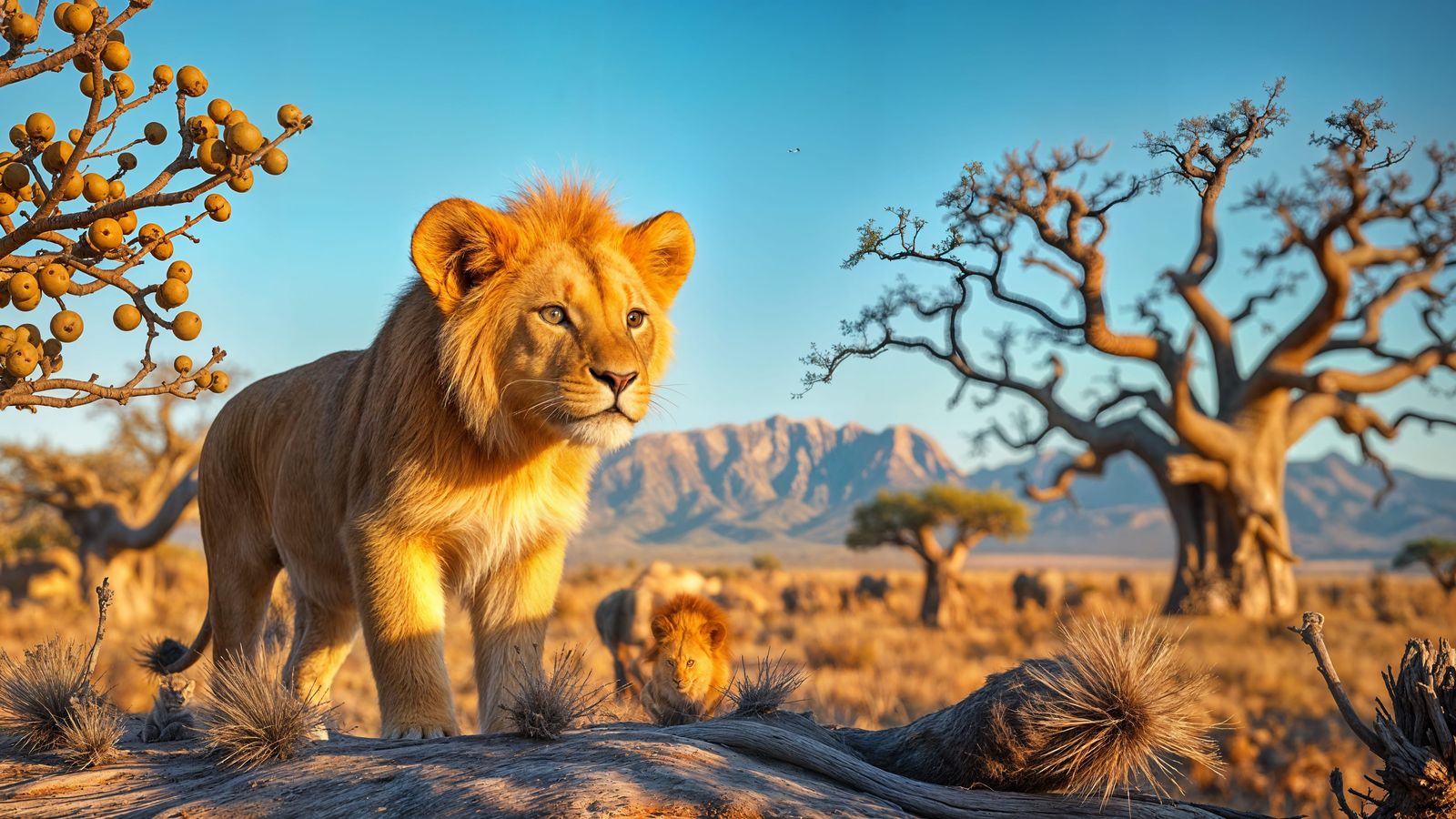 Joyful Fawn-Colored Lion Cub Explores Vibrant African Savann...