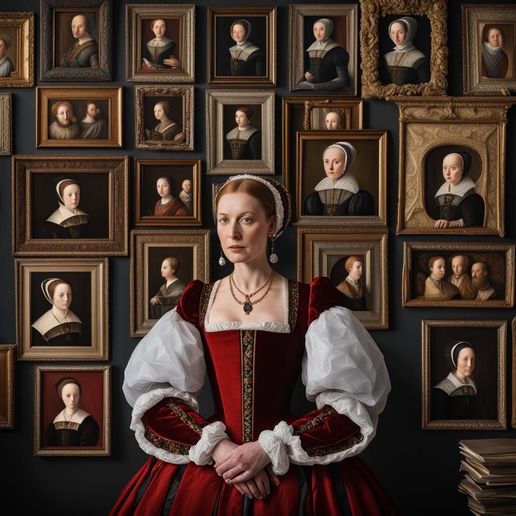 Photorealistic Tudor Lady Surrounded by Portraits