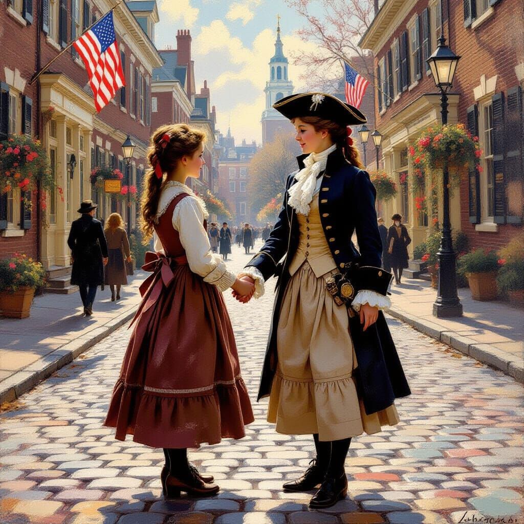 American and British Girls Hold Hands in 1776 Philadelphia