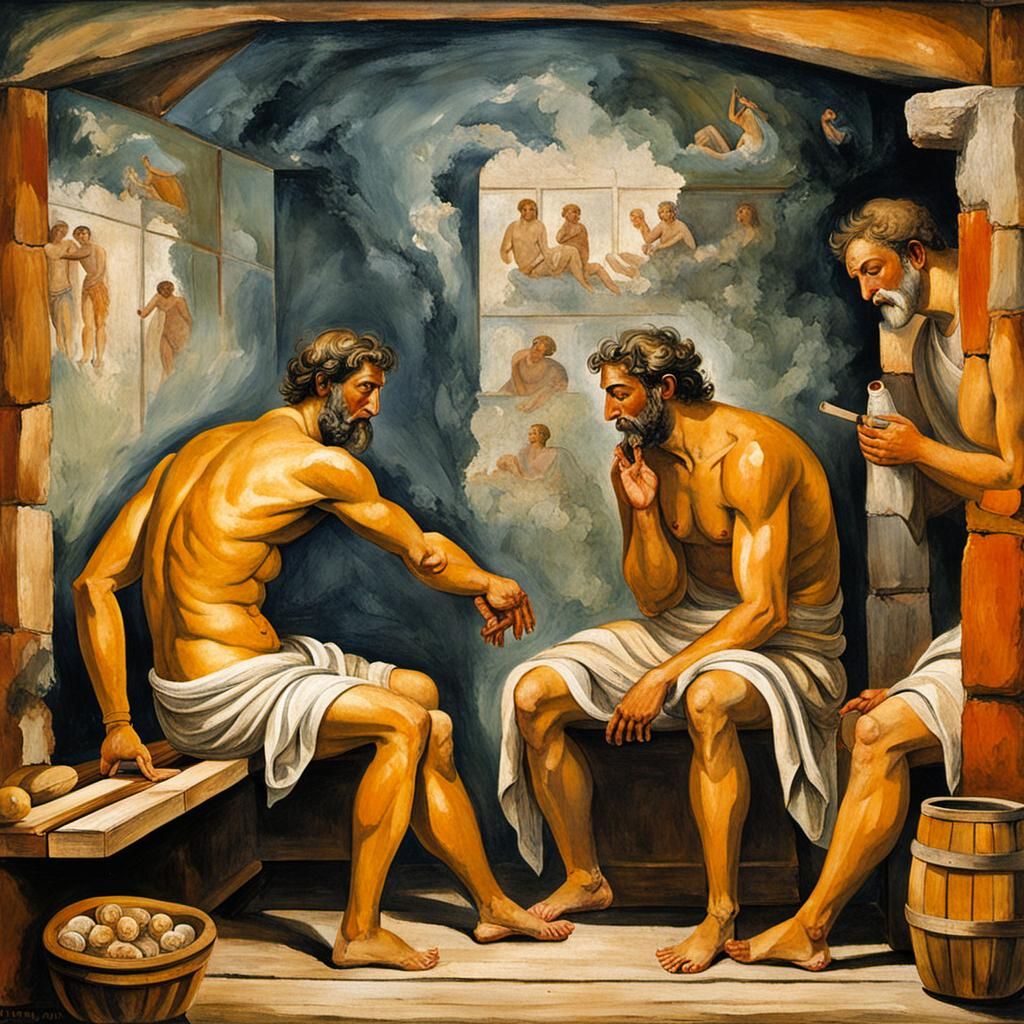 Men Relaxing in Sauna as Roman Fresco