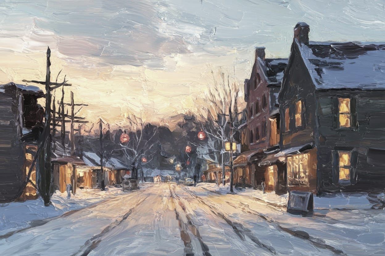 Impasto Painting of Winter Town's Bustling Main Street