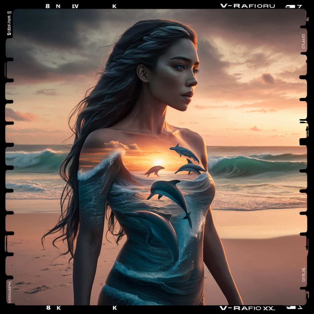 Ocean Sunset Double Exposure of Woman in 8K