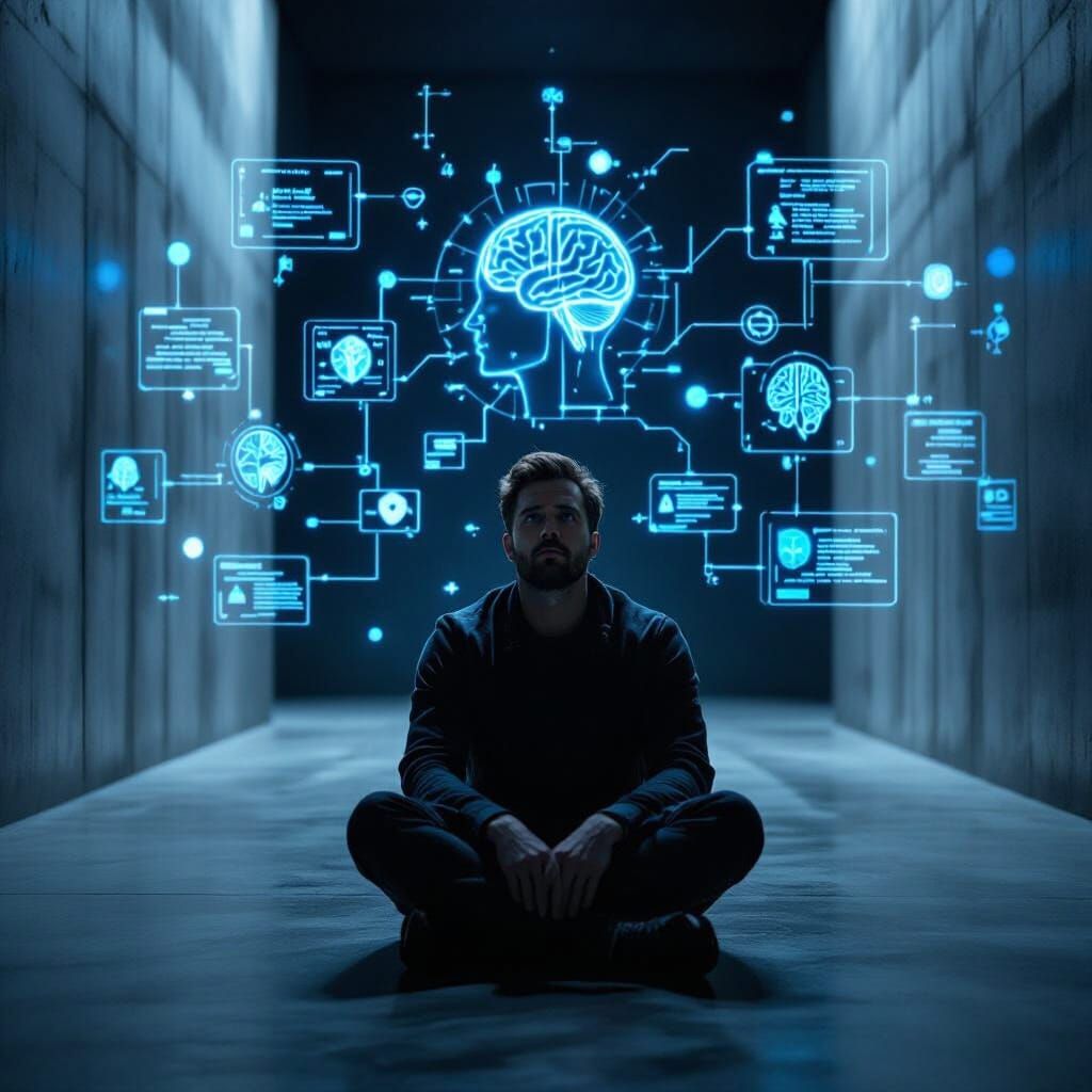 Man Contemplates Brain Chemistry in Dim Room
