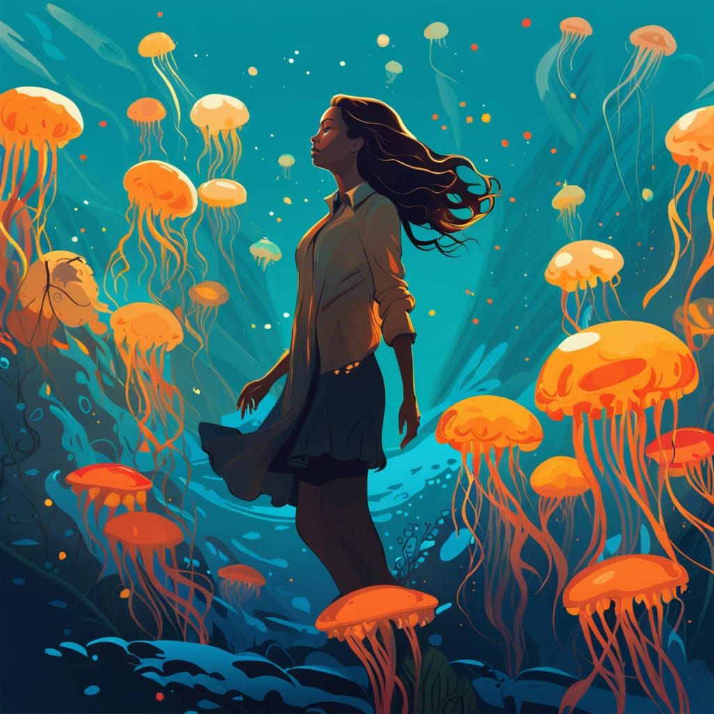 Woman in Jellyfish Sea: Minimalist Vector Art