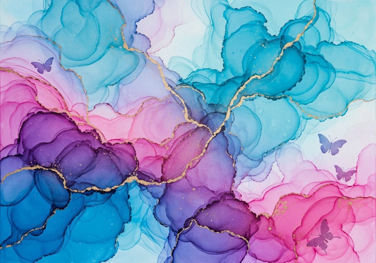 Dreamy Abstract Swirling Clouds with Gold Accents and Butter...