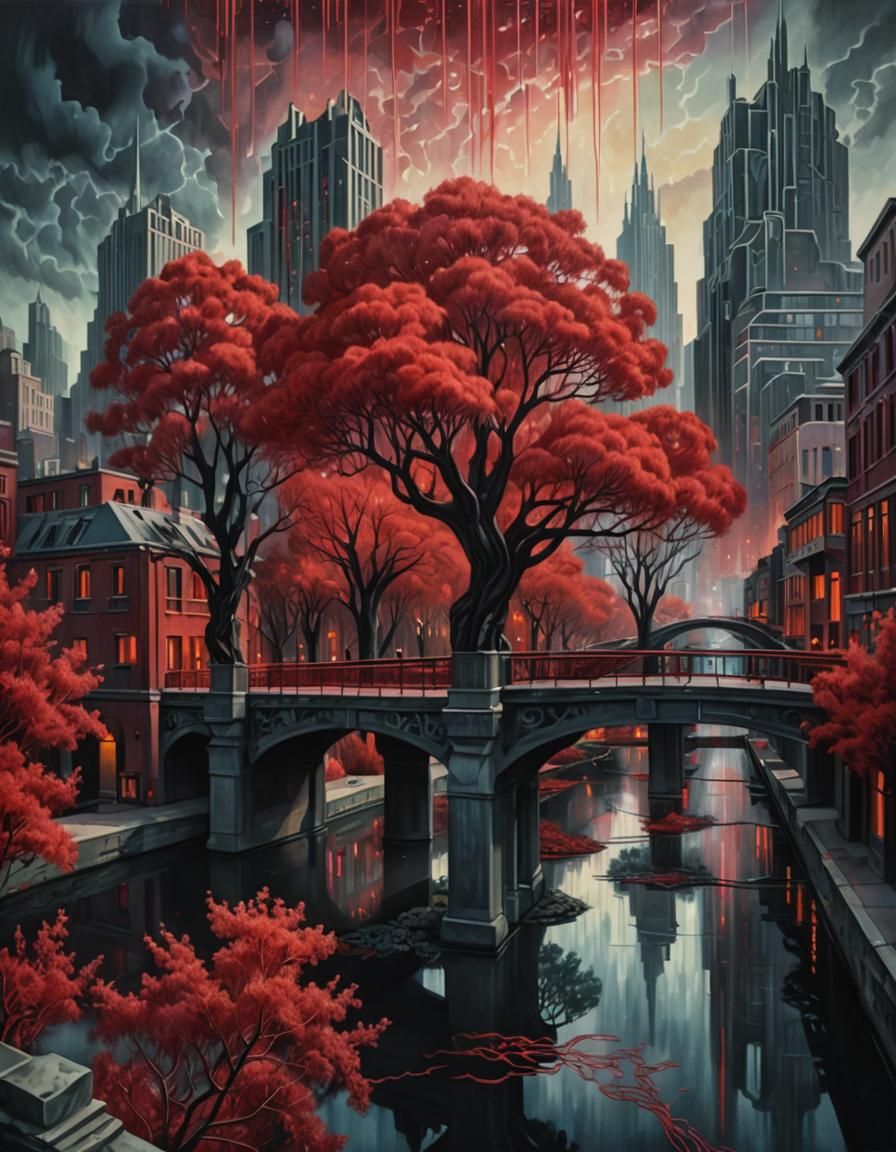 Surreal Cityscape with Canals in Art Deco Style