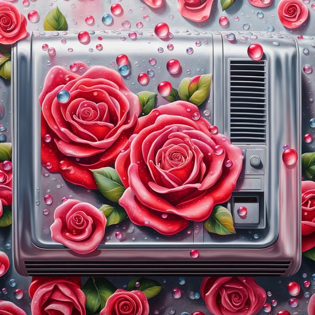 Hyperrealistic Mural: Air Conditioner with Roses and Bubbles