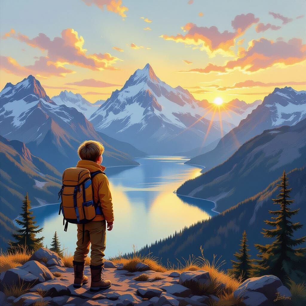 Boy on Mountain Summit Overlooking Lake, Oil Painting Style