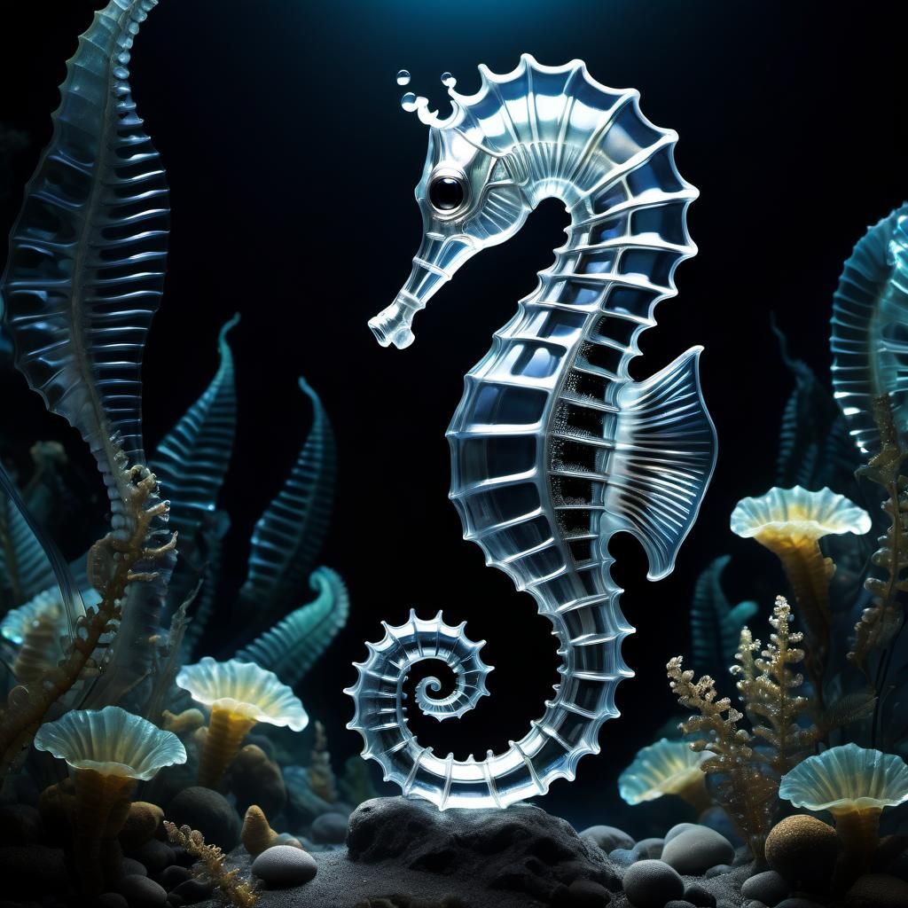 Transparent Seahorse in Giger Style with Light Halo