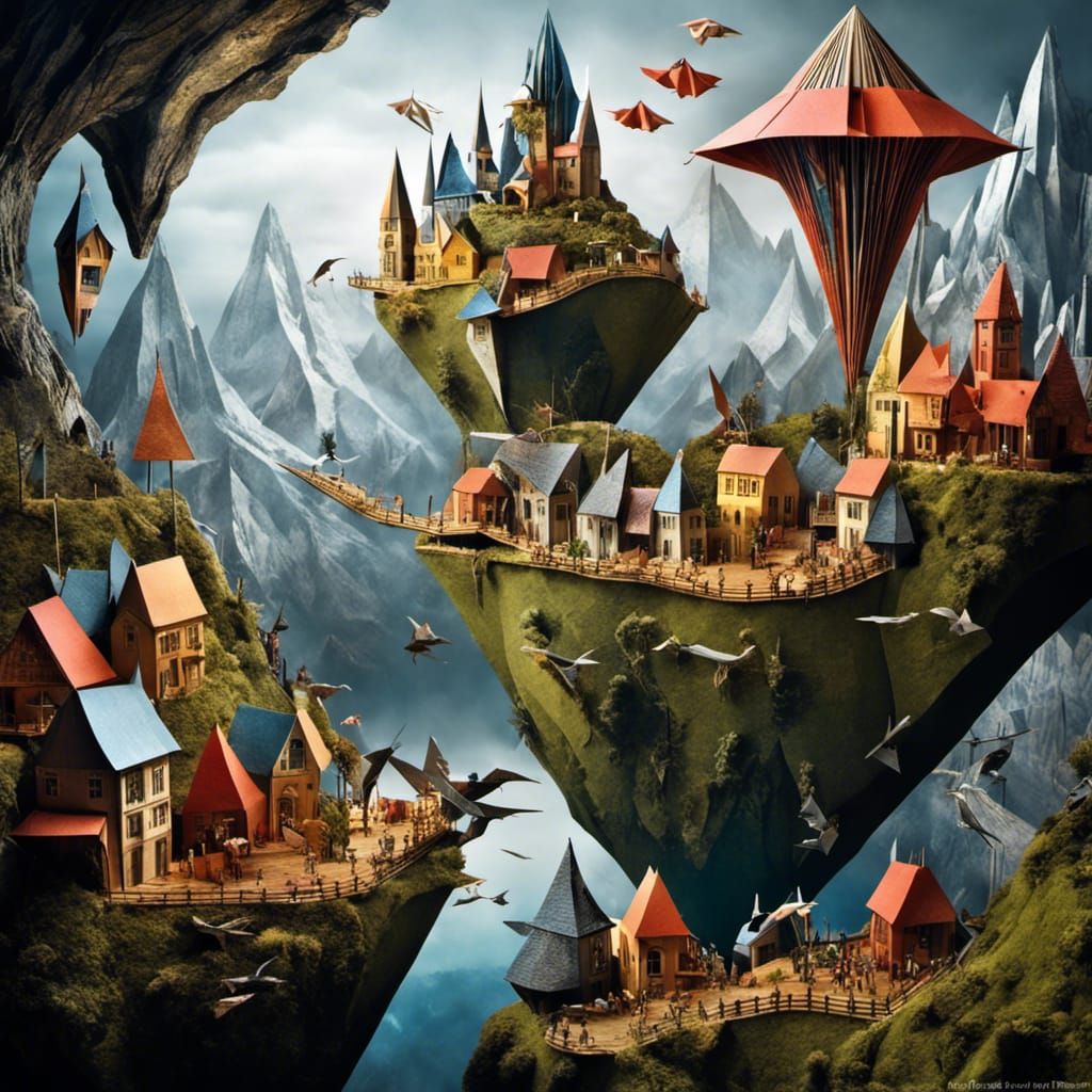 Fantastical Origami City in Dreamcore Paper Landscape