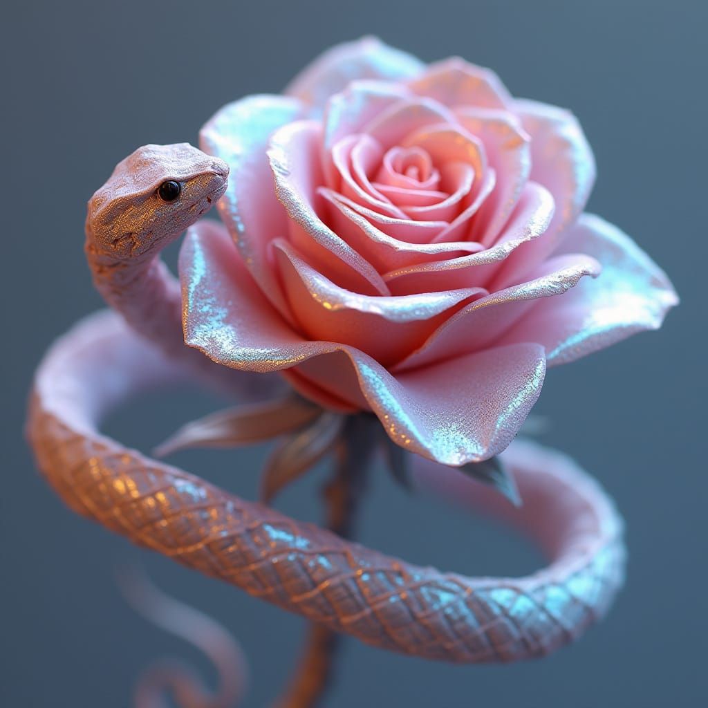 Iridescent Serpent Entwines Radiant Rose in Pearlescent Hues