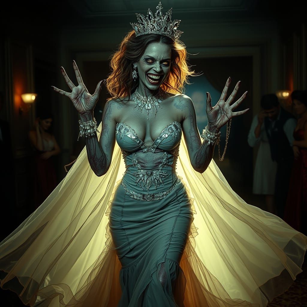 Glamorous Zombie Prom Queen with Ethereal Glow