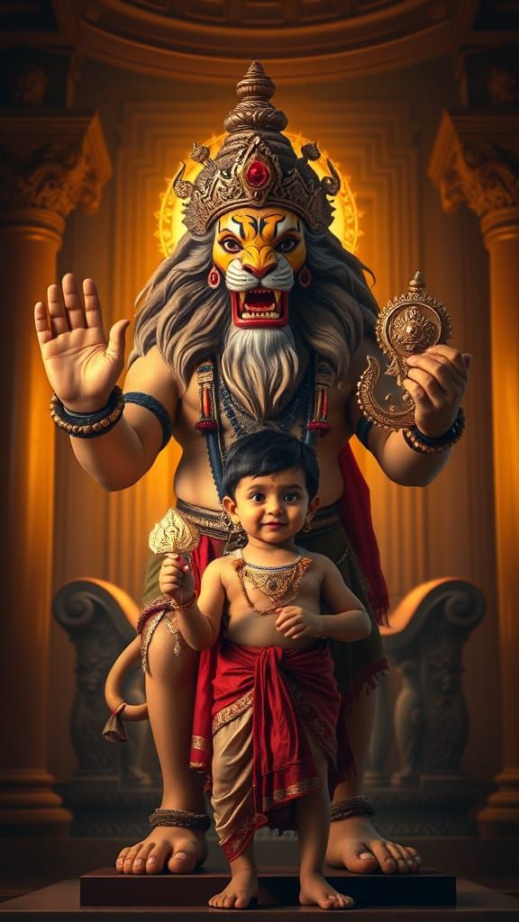 Narasimha Blessing Prahlad in Golden Light