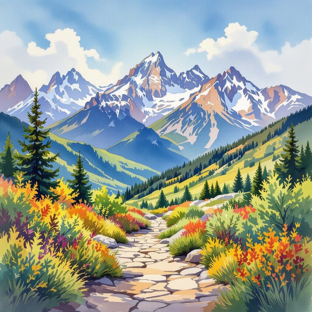 Watercolor Mountain Landscape with Rocky Path and Colorful F...