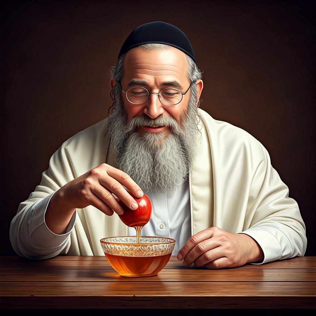 Joyful Orthodox Jew Dipping Apple in Honey