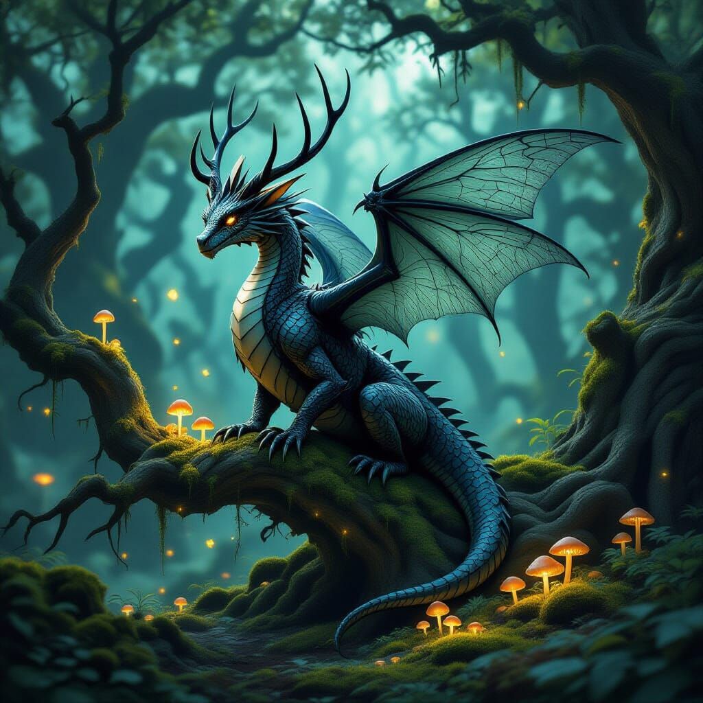 Mysterious Dragon with Antlers in Enchanted Forest