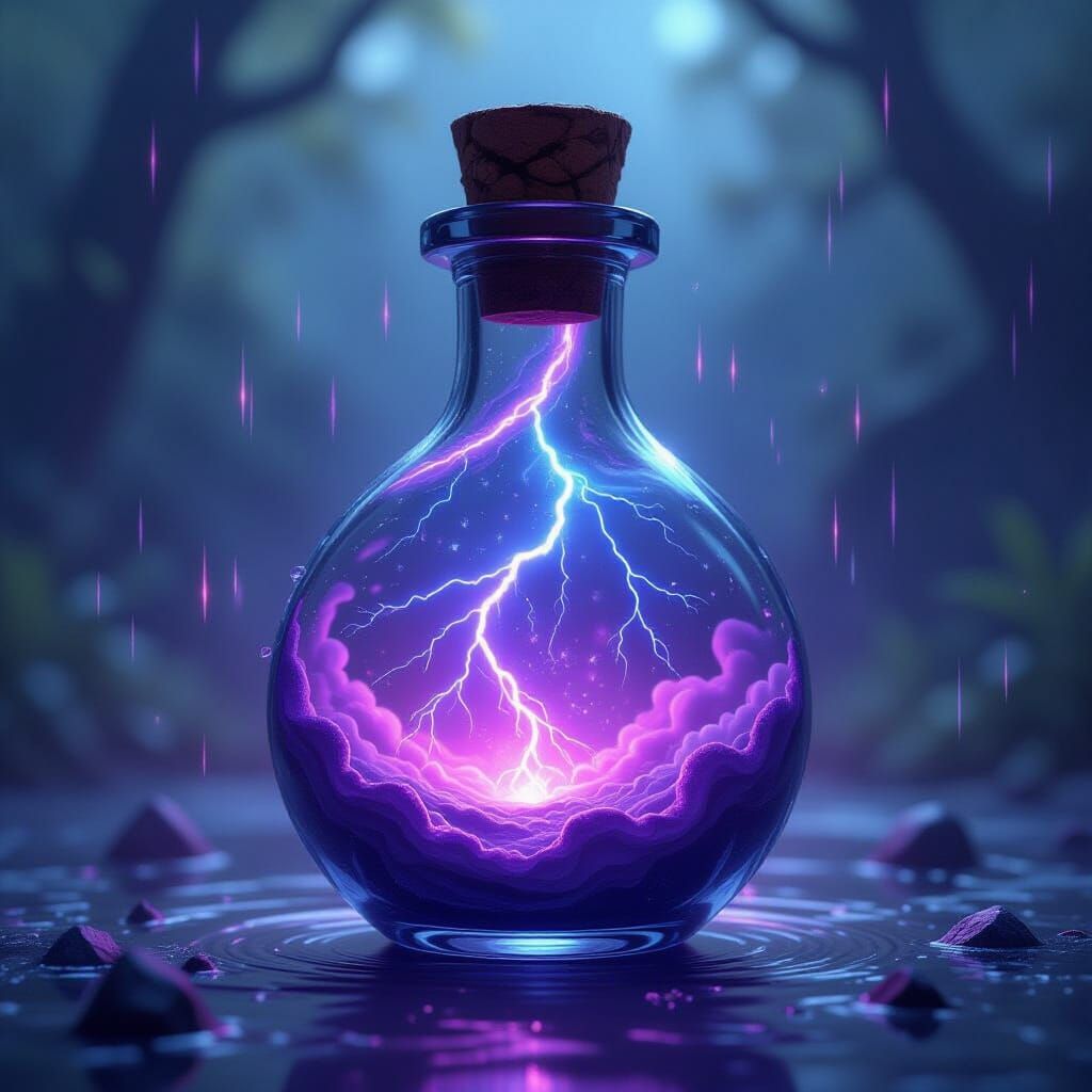 Crystal Storm Potion Vial with Lightning and Rain