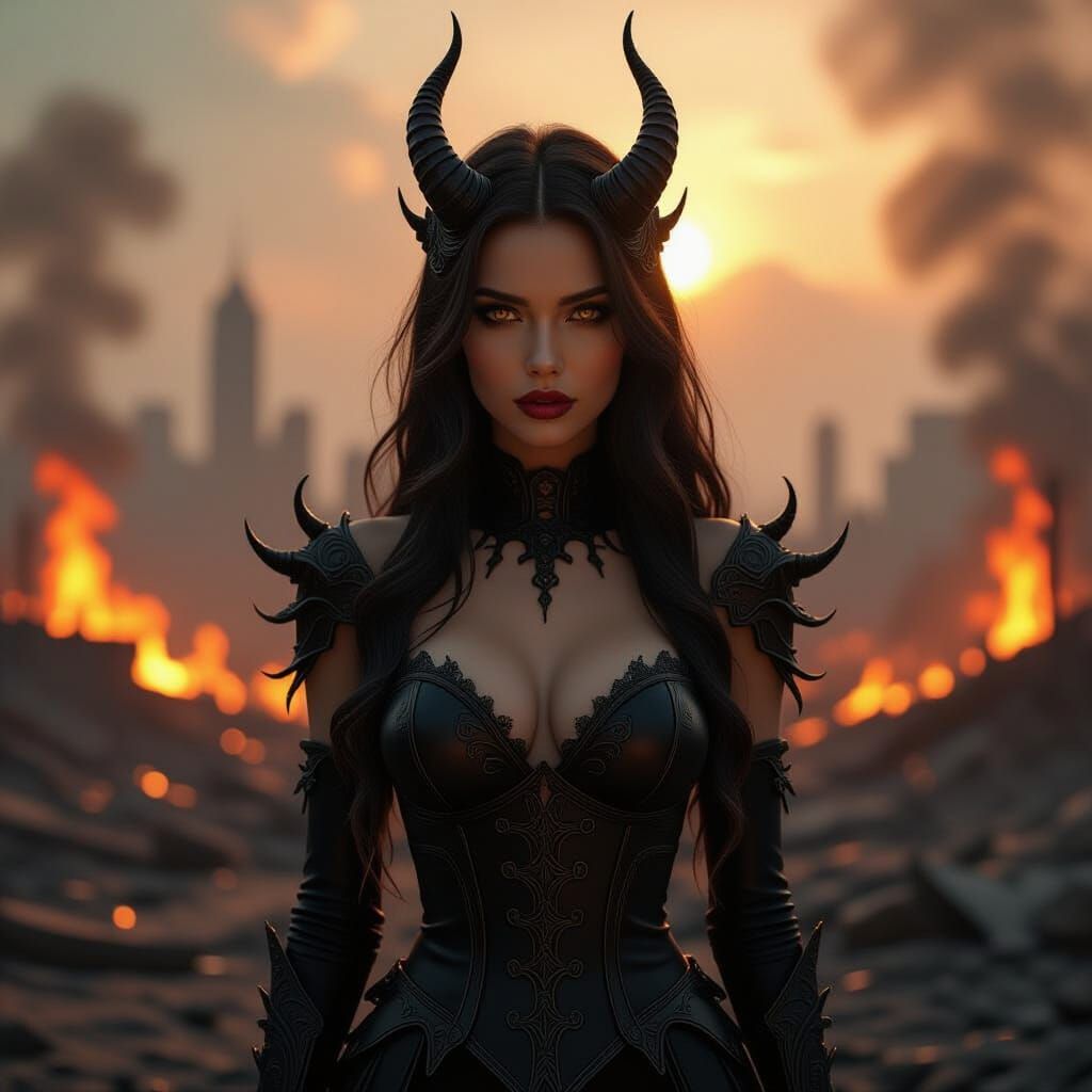 Demonic Beauty in Fiery Dystopian Landscape