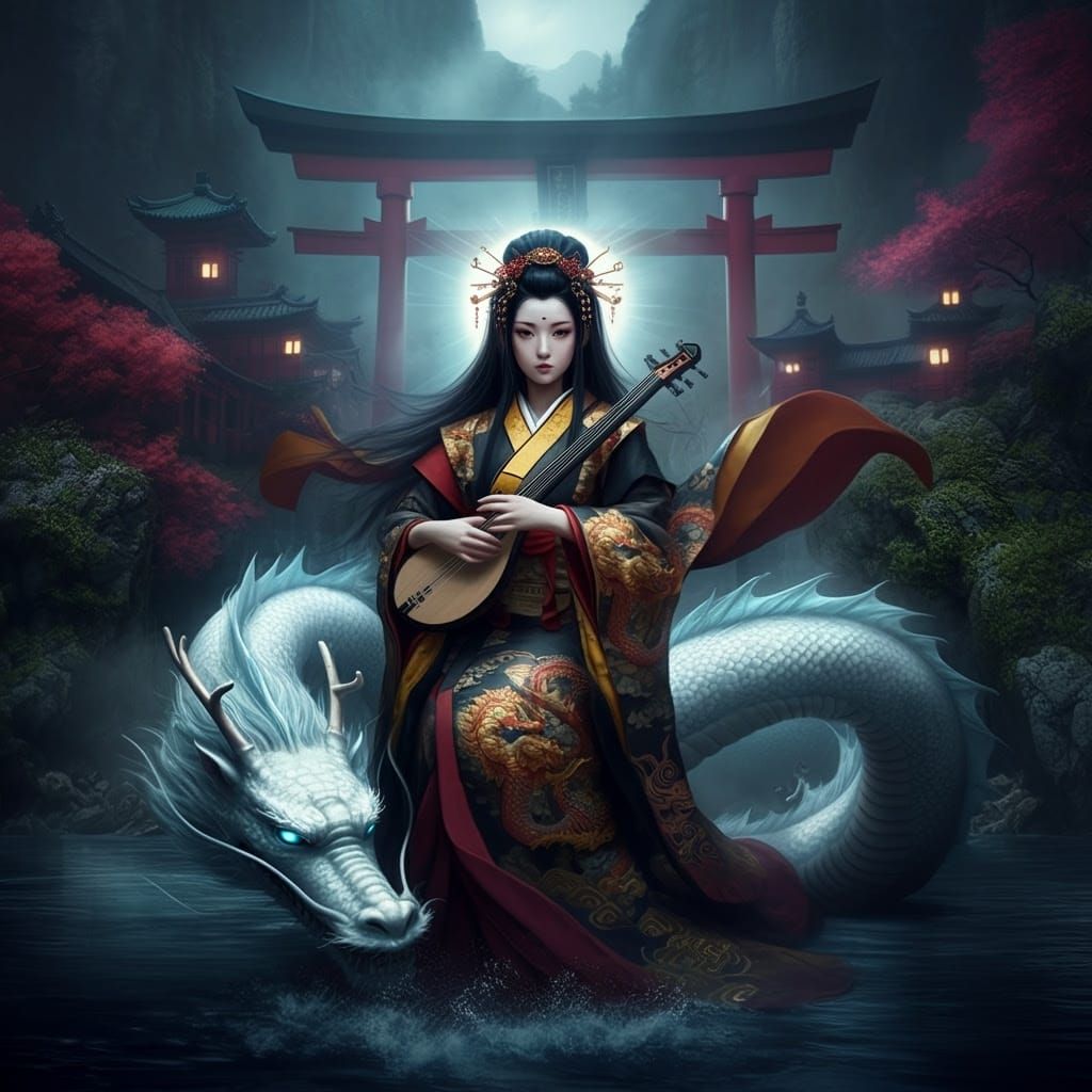Japanese Goddess Benzaiten Rides Dragon in Edo Period Fantas...