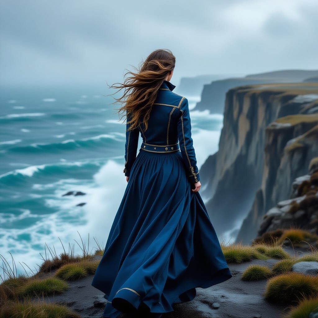Woman Overlooking Stormy Sea in Romantic Style