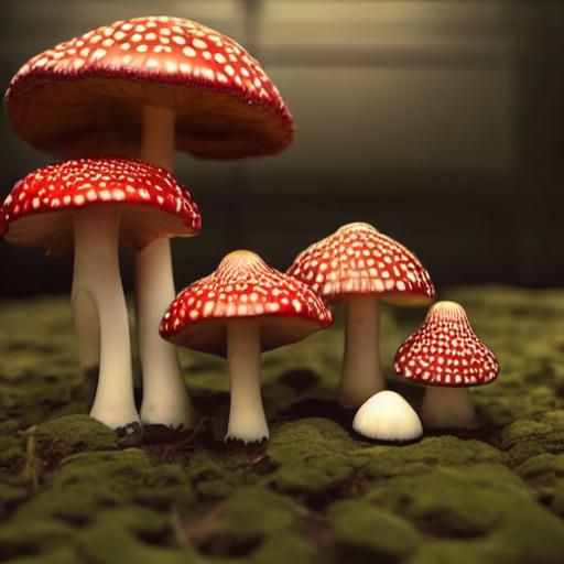 Fly Agaric Mushrooms in Linocut Style