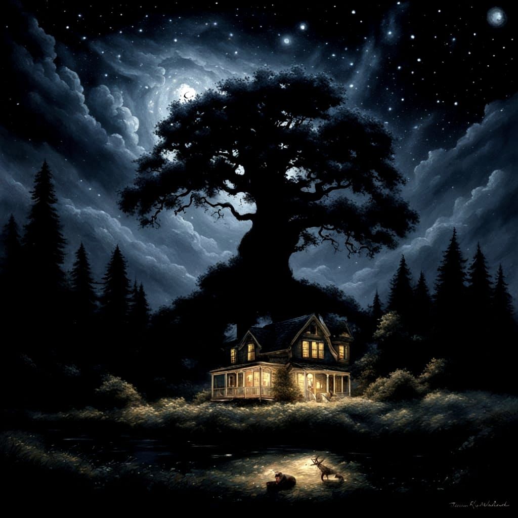 Starry Skies with Tree Silhouettes in Kinkade Style