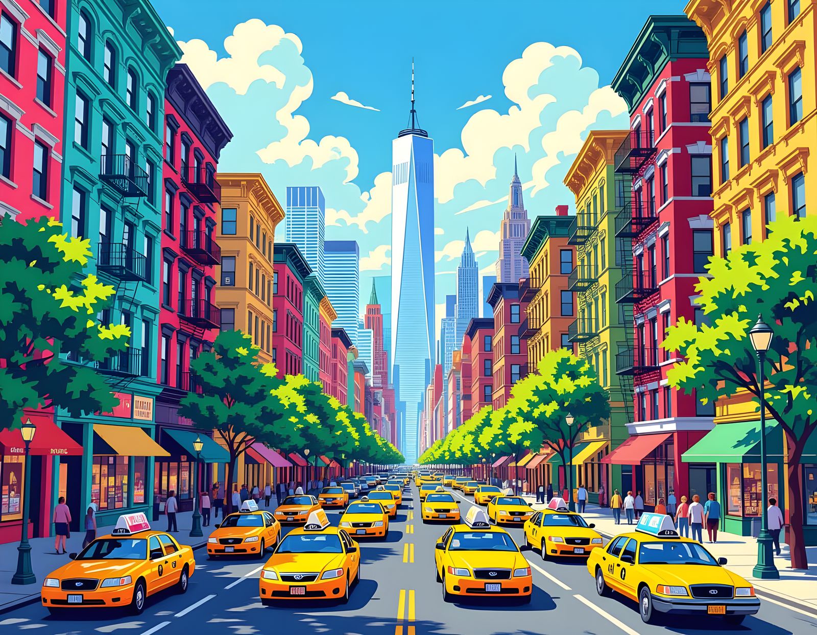Vibrant City Streetscape with Colorful Buildings and Taxis