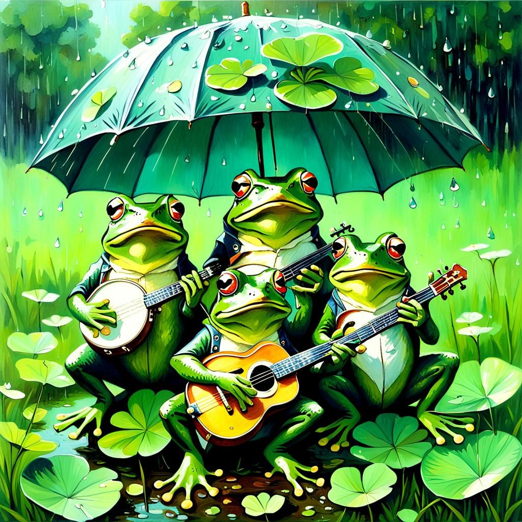 Musical Frogs in Rainy Meadow: Oil Painting