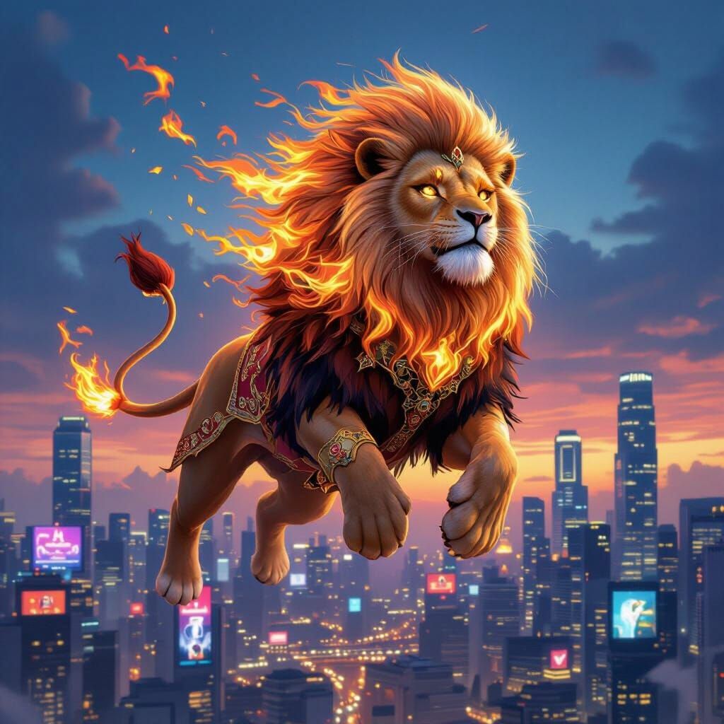 Singaporean Lion Soaring Above Futuristic Cityscape