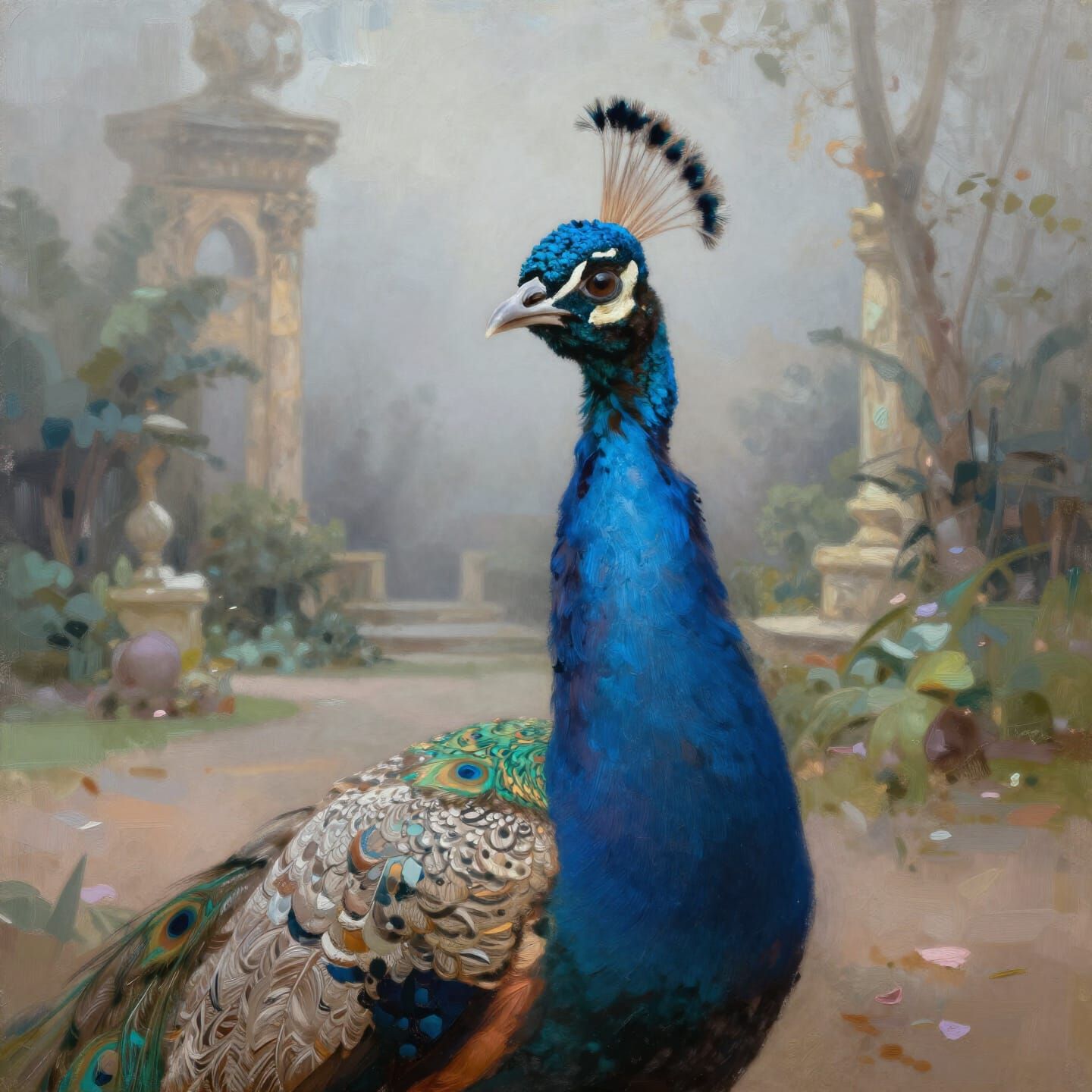 Regal Peahen Portrait in Rich Oil Painting Style