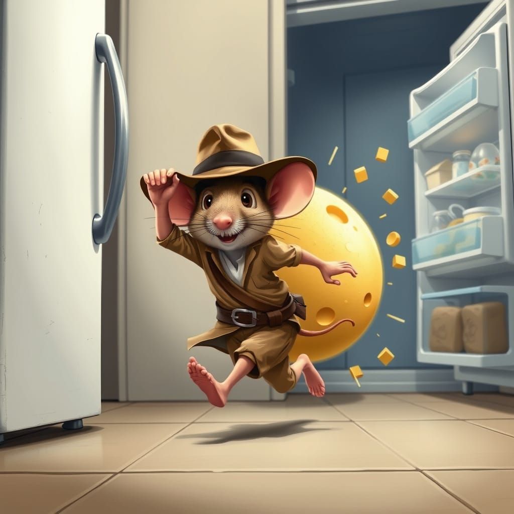 Mouse Indiana Jones Running from Swiss Cheese