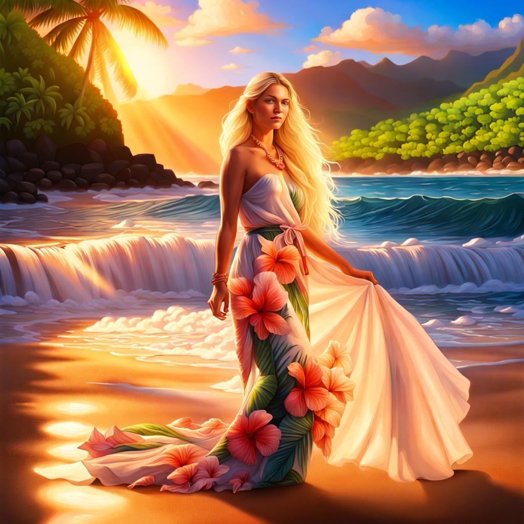 Hawaiian Woman on Maui Beach at Sunset