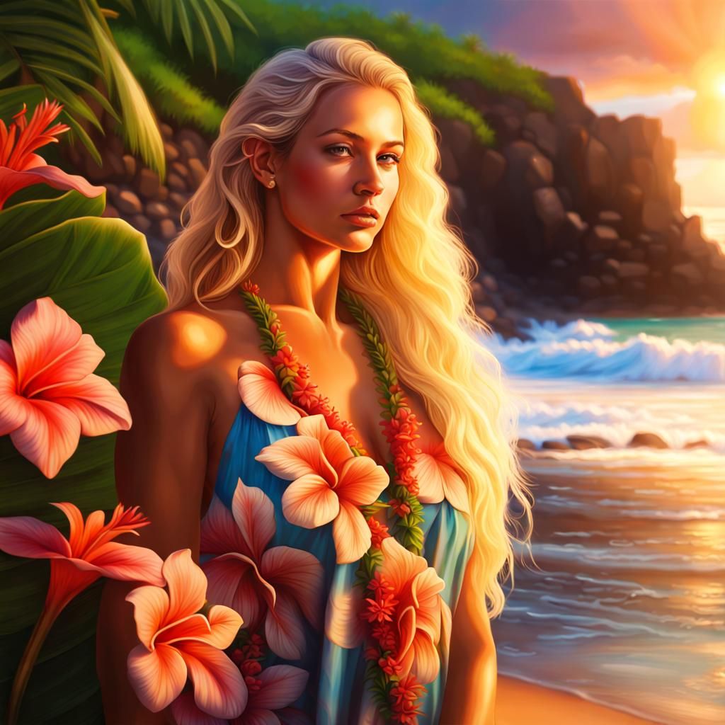 Hawaiian Woman on Maui Beach at Sunset