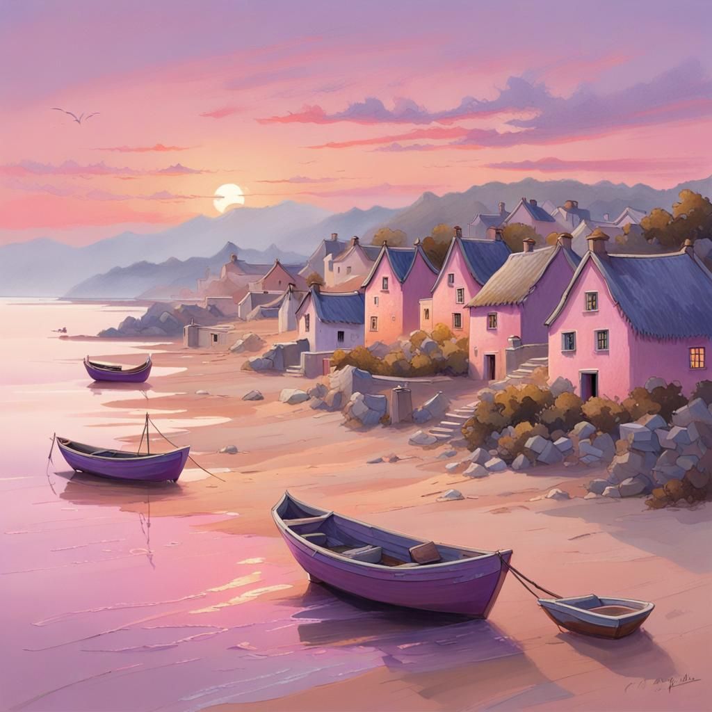 Tranquil Seaside Village at Dawn in Pastel Hues