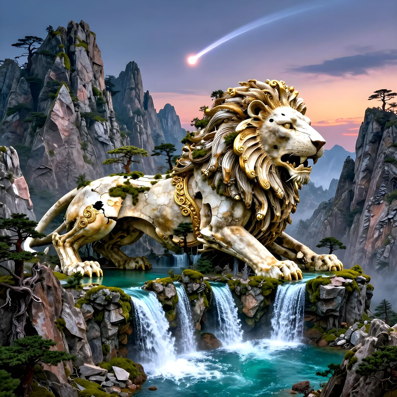 Colossal Lion Mountain with Turquoise Lake and Comet