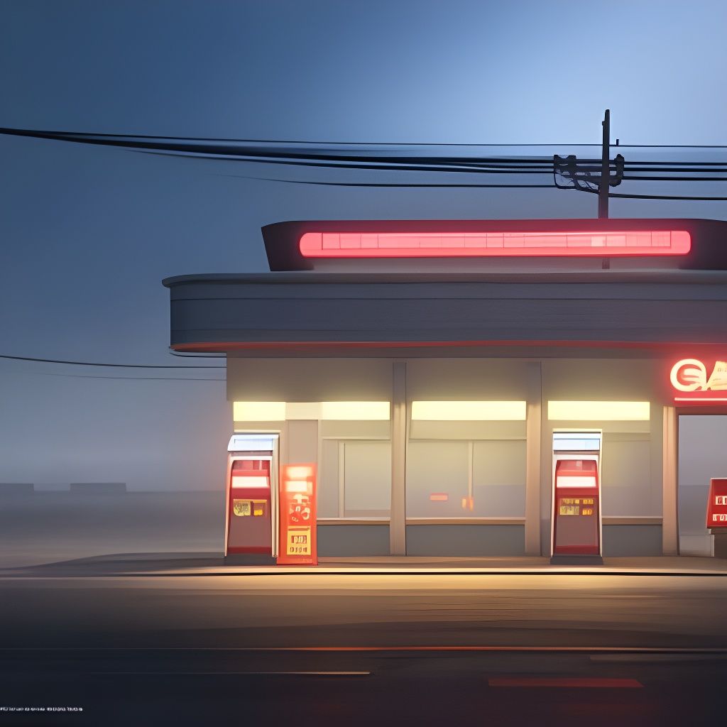 Neon Gas Station in Fog, Ghibli-Inspired Matte Painting