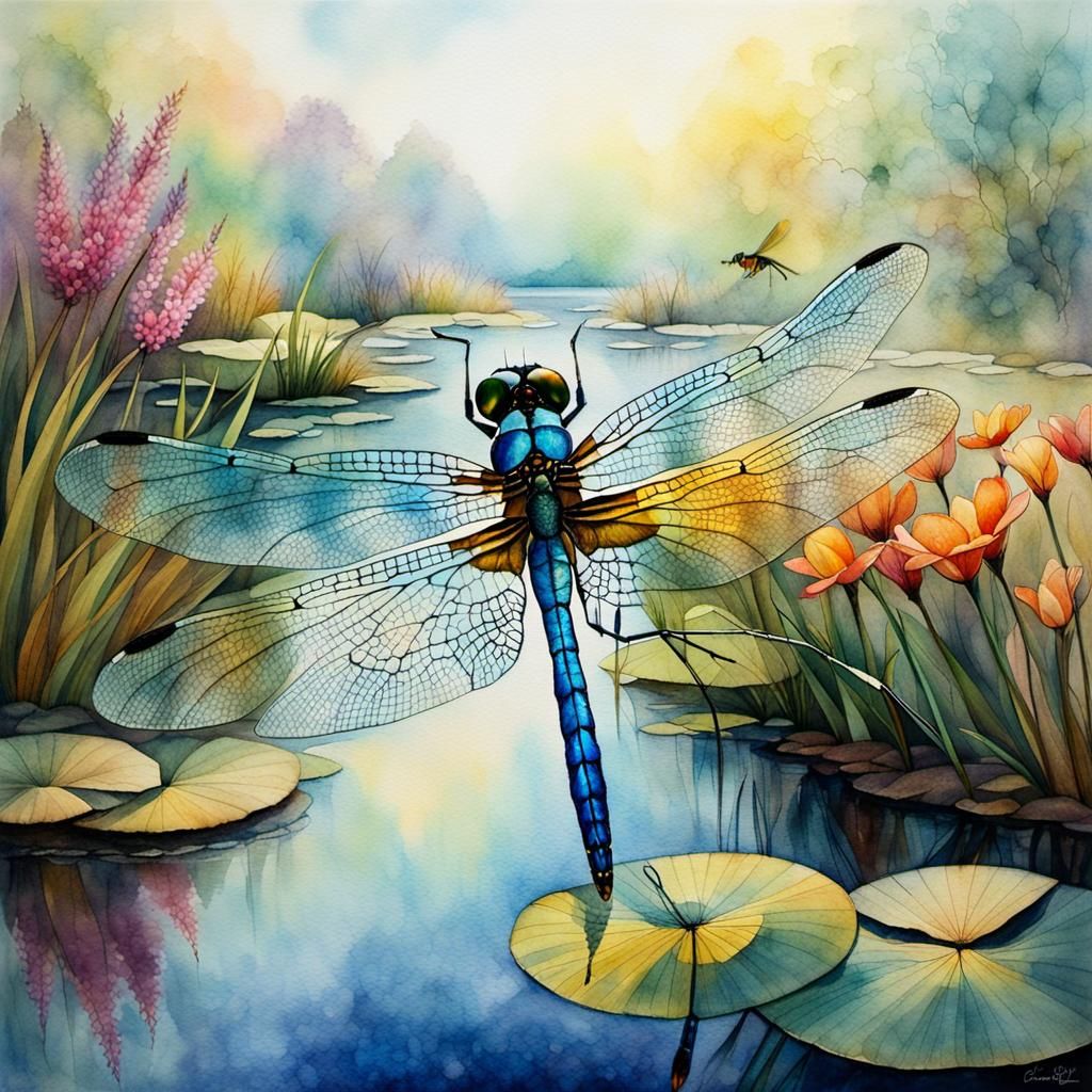 Dragonfly Over Pond in Watercolor Style