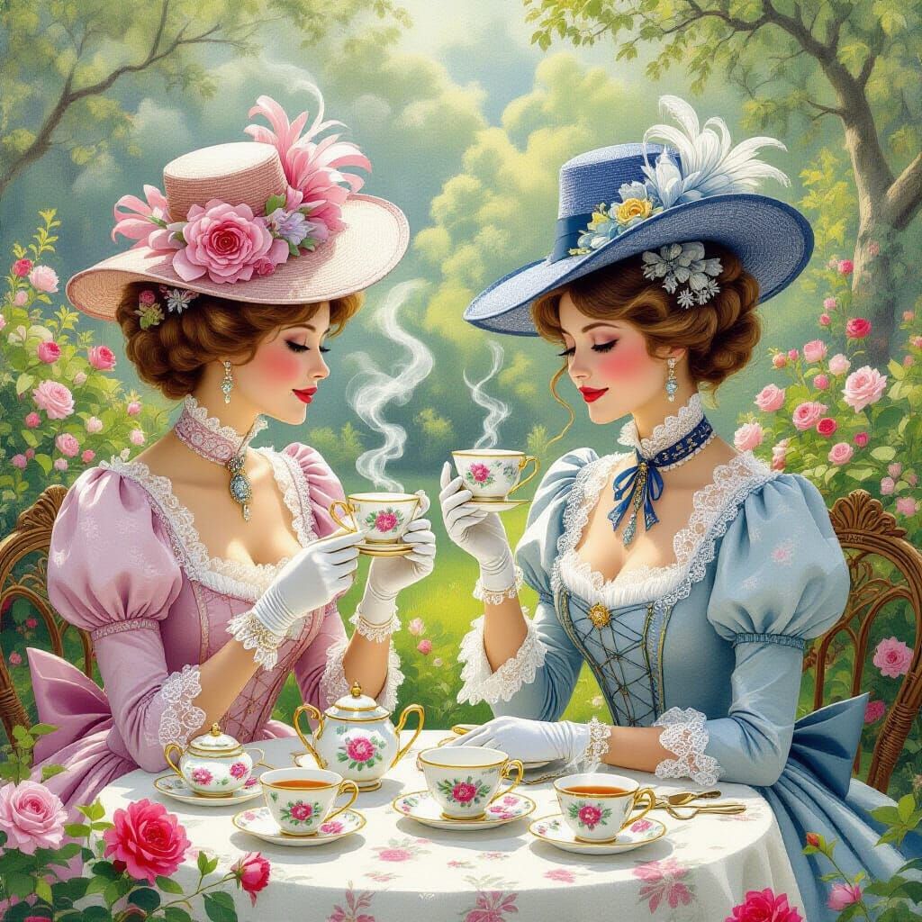 Whimsical Tea Party in Garden, Fairytale Art