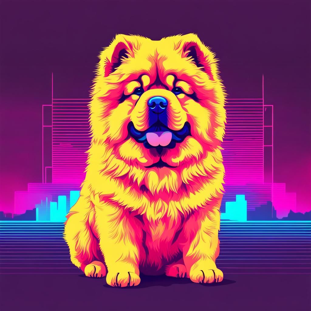Neon Retro Synthwave Chow Chow Puppy Portrait