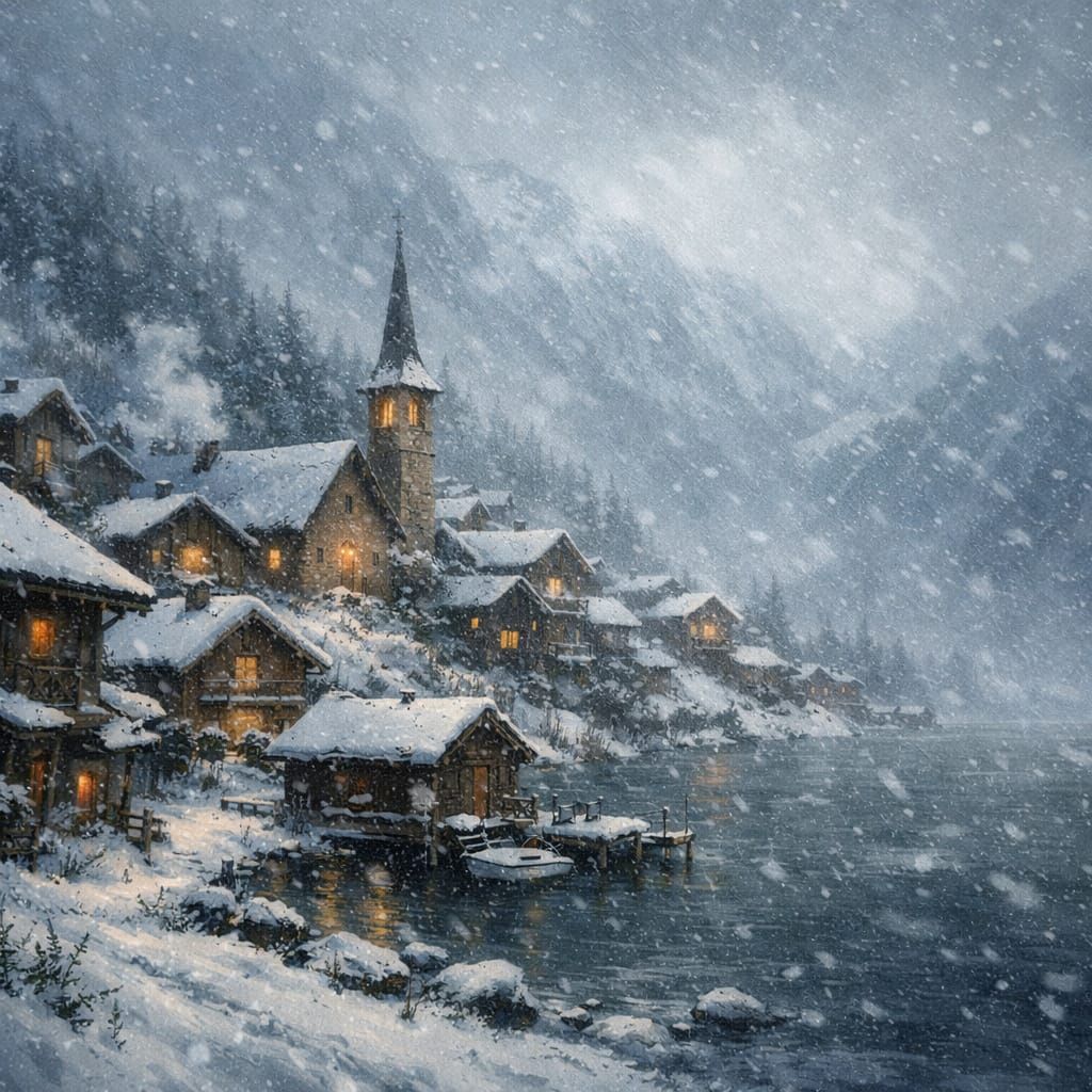 Matte Painting of Mountain Village in Snowstorm