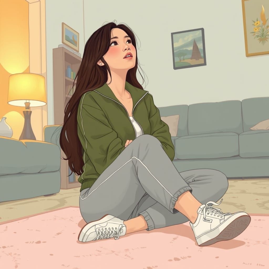 An woman sitting on the floor of her living room