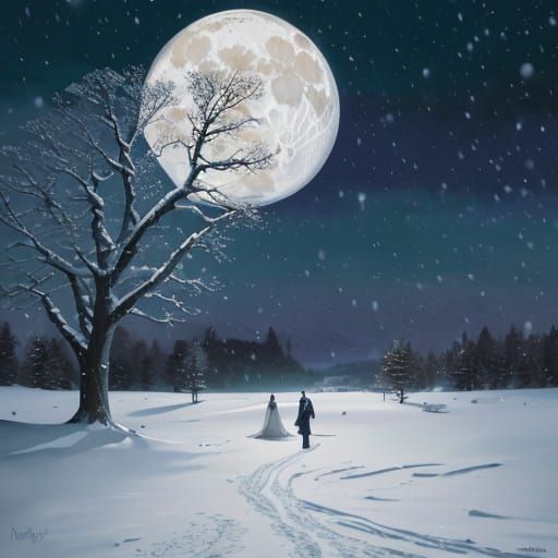 King and Queen in Snowy Moonlit Landscape