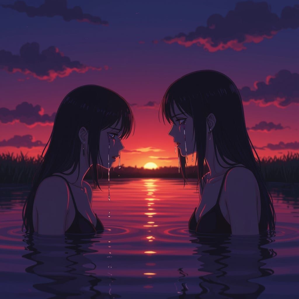 Anime Art of Two Women in River at Sunrise