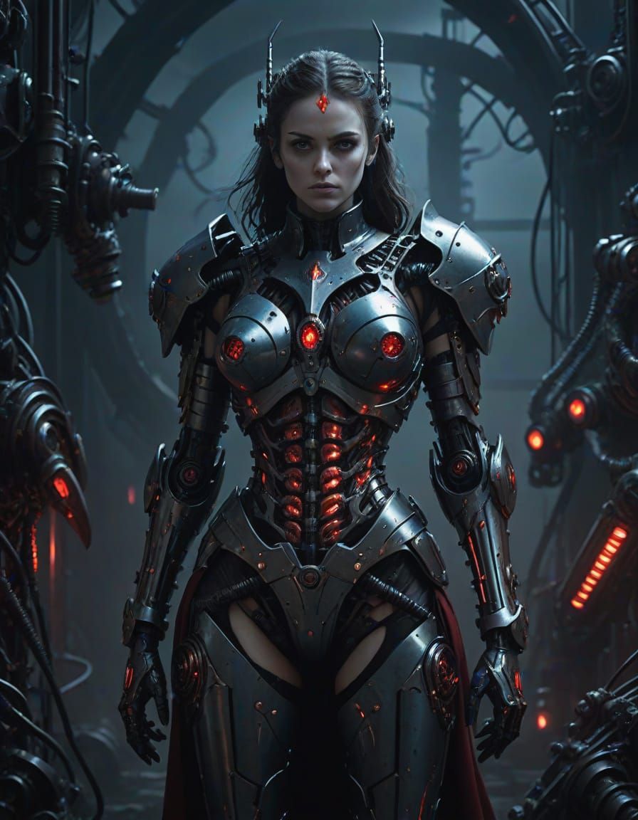 Cybernetic Gothic Knightess in Industrial Horror Landscape