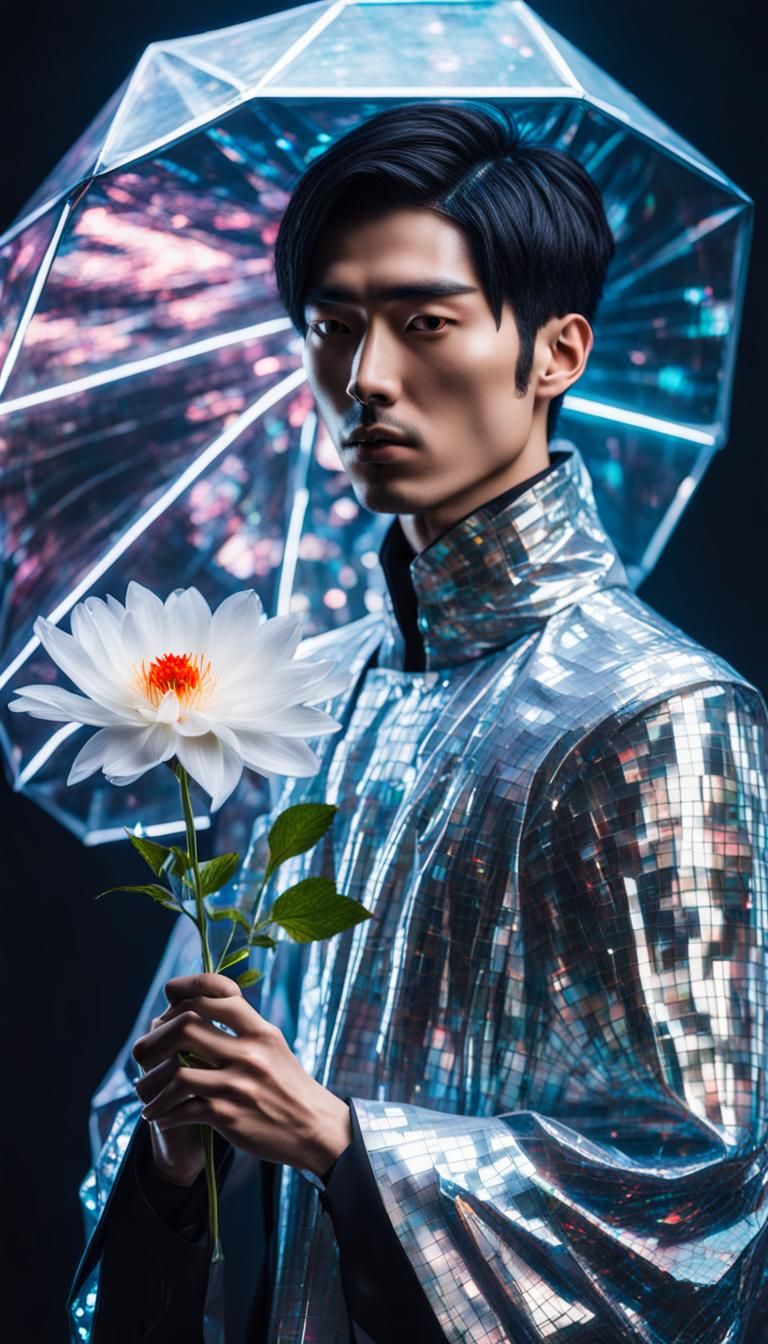Sensual Android with Flower in Sci-Fi Setting