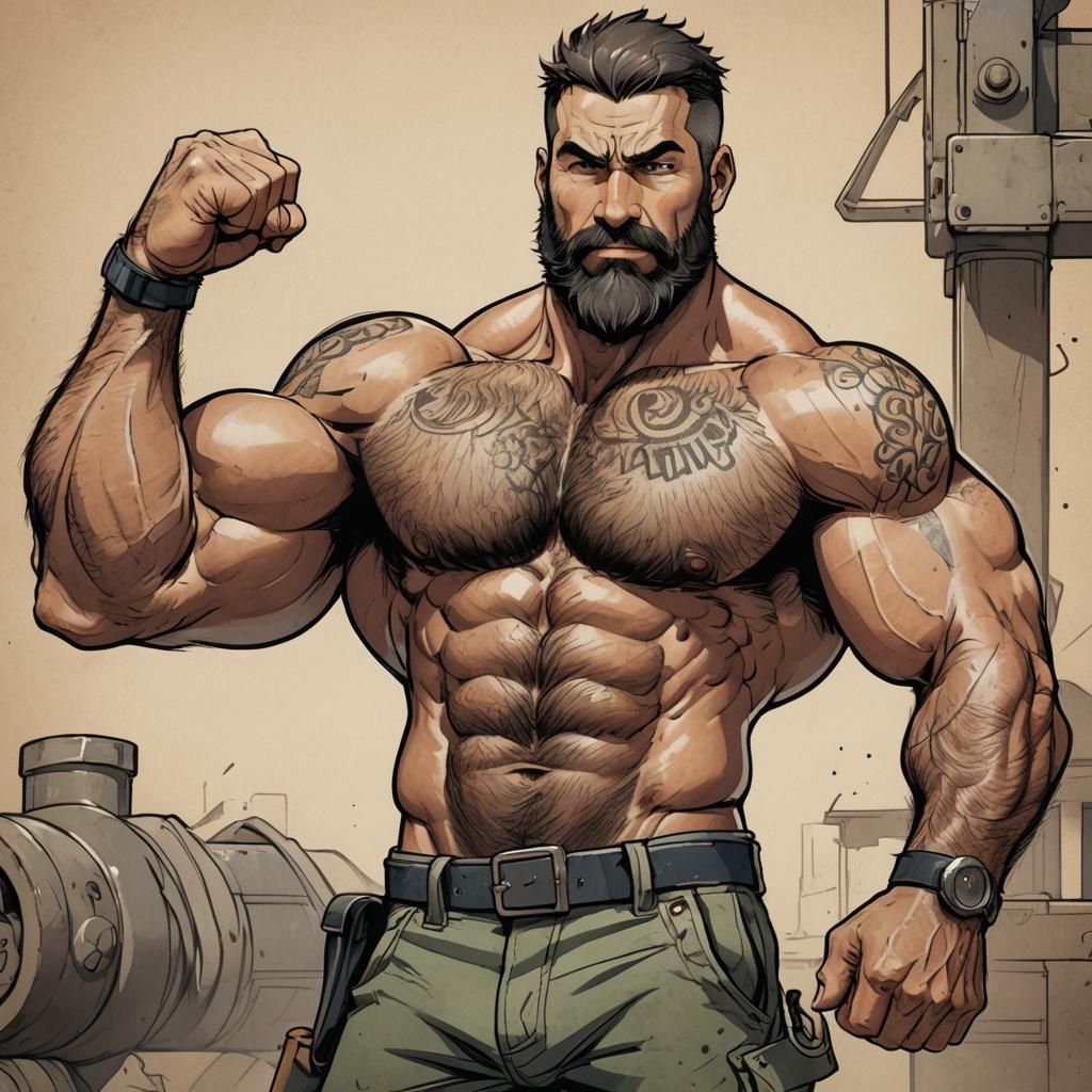 Shirtless Construction Worker Flexing, Anime Style